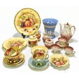 A collection of ten pieces of Aynsley Orchard Gold bone china wares, comprising a gilt edge plate, a
