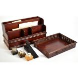 A mahogany five division stationery box, 19 x 35.5cm, a tray, an ebonised door stop with carved