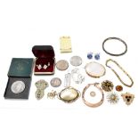 A small group of costume jewellery including brooches, pair of earrings, expandable bracelet,