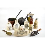 A collection of 19th century and later metalware to include a copper sauce pan, an iron saucepan and