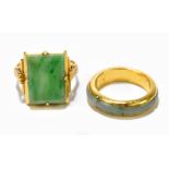 A Chinese yellow metal and polished jade ring size M and a Chinese yellow metal and jade eternity-