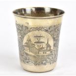 A 19th century Russian hallmarked silver 84 Zolotnik and niello beaker, decorated with two