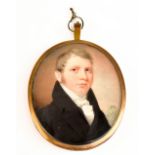 19TH CENTURY BRITISH SCHOOL; watercolour on ivory, portrait miniature, quarter length, of a