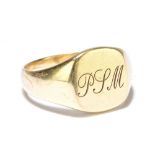 A 9ct yellow gold signet ring engraved with initials 'PJM' to the platform, size S, approx 5.8g.