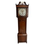 A 19th century oak and mahogany cased longcase clock with brass finial and broken swan neck pediment