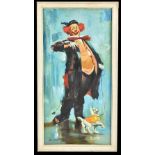 UNATTRIBUTED; a contemporary oil on board, depicting a clown walking his dog, indistinctly signed