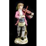 MEISSEN; a 19th century porcelain figure of a violinist with blue painted cross swords marks and