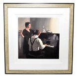 IAN FAULKNER; a signed limited edition coloured print, figures by a piano. 64/195, with blindstamp