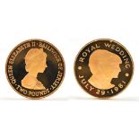 An Elizabeth II yellow metal £2 coin for the royal wedding of Charles and Diana July 29 1981, issued