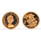 An Elizabeth II Proof full sovereign, 1980, encapsulated and presented in wallet of issue.