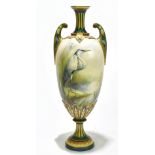 HADLEY WORCESTER; a hand painted twin handled posy vase, decorated with a heron beside river