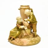 ROYAL WORCESTER; a coloured blush ivory figure group representing a boy offering water to a seated