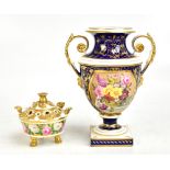 BLOOR DERBY; a 19th century twin handled urn vase, the central panel painted with floral sprays