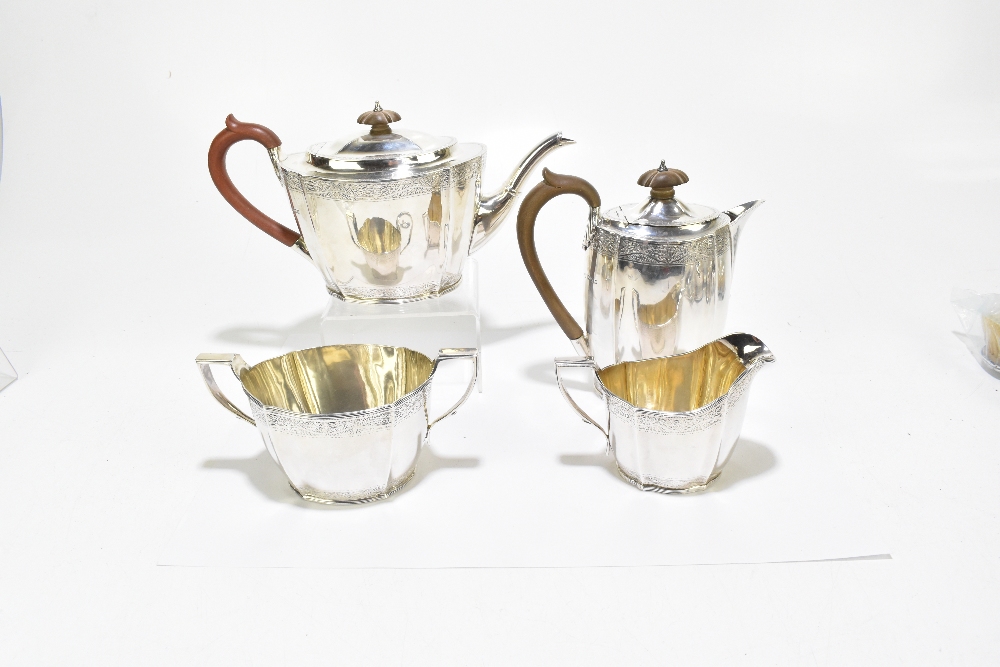 A George V hallmarked silver four piece tea set with band of engraved detail to both upper and lower - Image 3 of 11