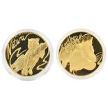 A South African 1998 'Natura' yellow metal coin featuring leopards, stamped '1 Oz Au 999.9',