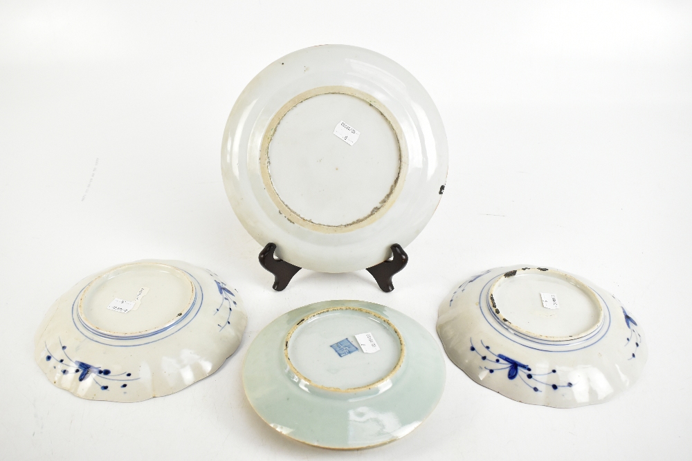 A Cantonese Famille Rose plate, diameter 24cm, with three Korean celadon ground plates, diameter - Image 2 of 2