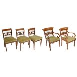 A harlequin set of six 19th century dining chairs with green stuff over seats raised on front