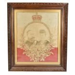 A King Edward VII printed linen Coronation panel decorated with an oval portrait of the King and