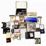 A quantity of costume jewellery including brooches, beads, cufflinks, earrings, also fashion