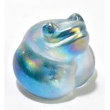 JOHN DITCHFIELD; an iridescent glass frog paperweight, with etched signature and gold coloured