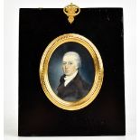 19TH CENTURY; watercolour on ivory, portrait miniature, quarter length of a gentleman looking to his