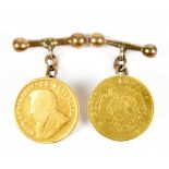 Two South African 1/2 Pond gold coins, 1894 and 1897 respectively, fashioned into a pair of