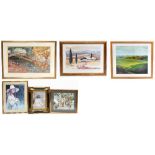 A collection of five decorative framed prints and a watercolour study of a bridge over a river,