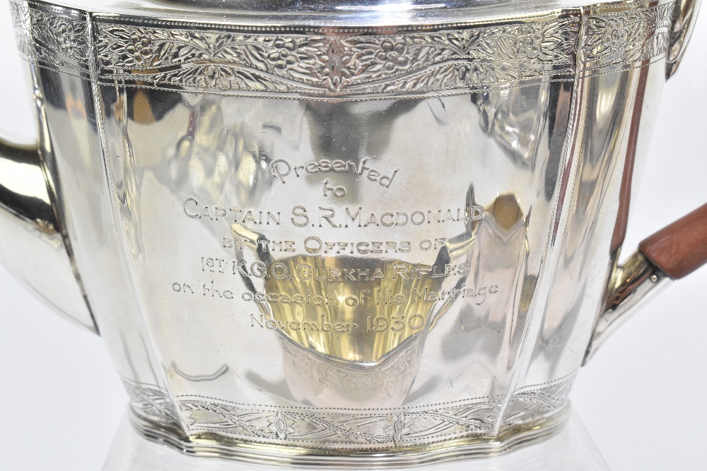 A George V hallmarked silver four piece tea set with band of engraved detail to both upper and lower - Image 2 of 11