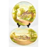 ROYAL WORCESTER; a pair of printed and painted plates, one decorated with Mary Arden's house, the