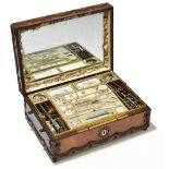 A 19th century French Palais Royale style satinwood and cut steel mounted musical sewing box, the