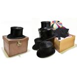 A tan leather top hat box enclosing a Lincoln Bennett & Co top hat, head aperture approx 20 x