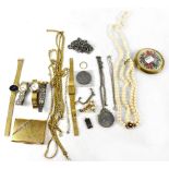 A group of costume jewellery including a set of cultured hand-tied pearls with 9ct yellow gold