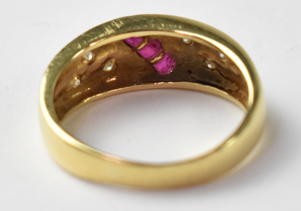 A modern 14ct gold ring, set with a line of three square rubies and six small diamonds, size P, - Image 2 of 2