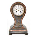 A grey marble and inlaid balloon-shaped chiming mantel clock, the enamelled dial inscribed 'Manoah,