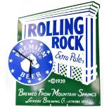 A reproduction 'Rolling Rock Premium Imported Beer' enamel advertising timepiece,