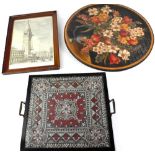 A Victorian tapestry and beadwork cloth enclosed in an ebonised square tray with brass handles,