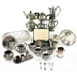 A quantity of mixed silver plate and pewter wares to include tea set, hot water jug, cased cutlery,