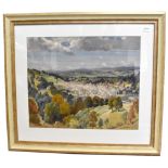 J H WILLIS (present); acrylic on board, 'Views Over Totnes, Devon' with town nestling amongst hills,