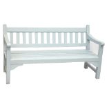 A light blue painted wooden garden bench, 78 x 151 x 67cm.