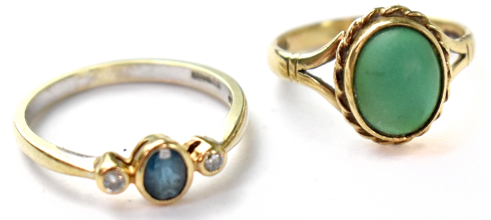 Two hallmarked 9ct gold rings to include a small bezel set blue stone flanked by two small diamonds,