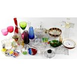 A small collection of coloured, cut and pressed glass to include spill vases, perfume atomiser,