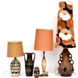 Various 1970s vintage collectibles to include three pottery lamps with cut-out and lava effect,