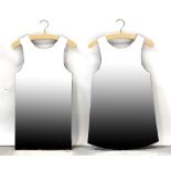 A pair of modern 'his and hers' wall mirrors in the form of a dress on hanger and a T-shirt on