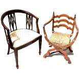 A walnut-framed upholstered Savonarola open arm elbow chair and a further Edwardian tub chair with