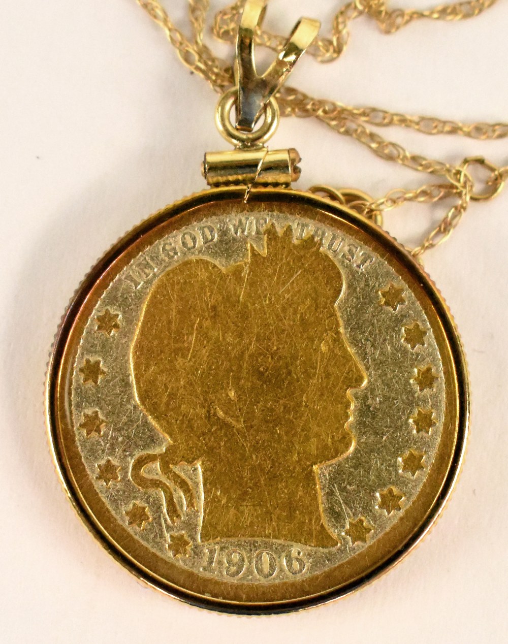 A gold 1g coin dated 2005, together with a Barber quarter mounted as a pendant, on a 9ct gold chain, - Image 3 of 4