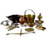 A quantity of mixed metalware to include a large copper and brass jam pan, an oval metal planter,