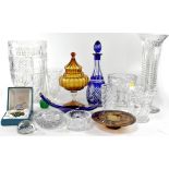 A collection of various cut glass crystal and coloured decorative glassware to include a large and