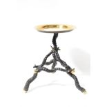 A late 19th century blackbuck antelope horn pedestal table with fixed dished brass circular tray