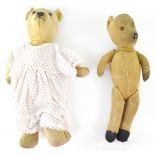 Two vintage bears, an early 20th century straw-filled bear with long snout, length 44cm,