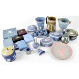 A large collection of various coloured Wedgwood jasper ware to include turquoise ground baluster